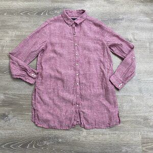 Tahari Women’s 100% Linen Tunic Shirt Size M Burgundy Long Roll Tab Sleeve